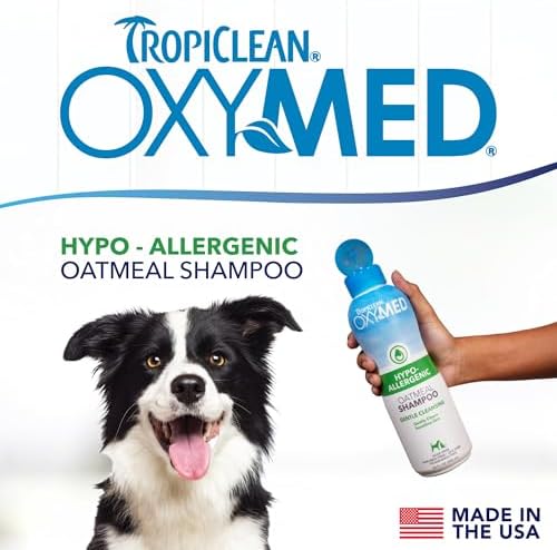 Back label of TropiClean OxyMed shampoo showing natural ingredients list.