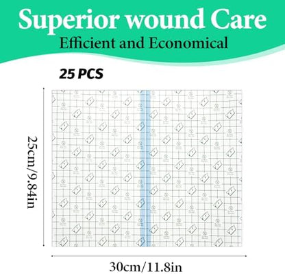Large 10x12 inch transparent film dressing with non-stick pad for surgical use.
