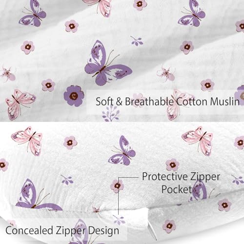 Two pack nursing pillow covers in purple butterfly and solid purple