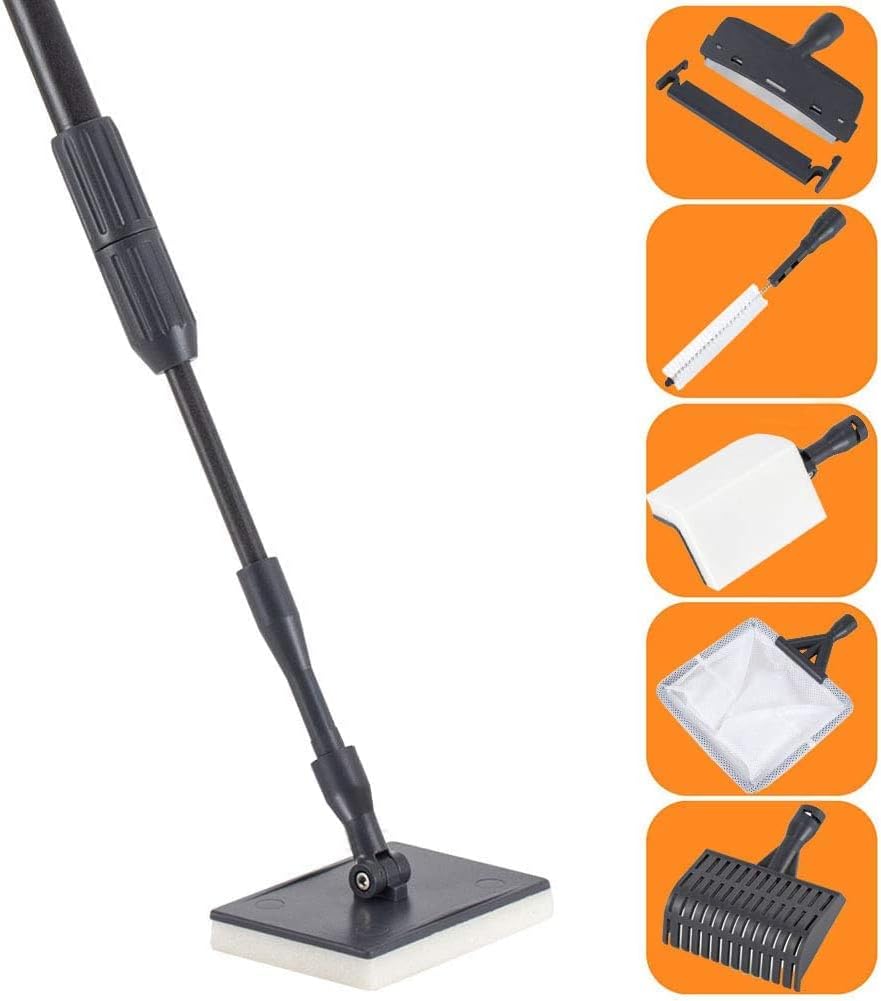 Hygger carbon fiber six in one aquarium cleaning tool kit front view showing telescopic handle and attachments.