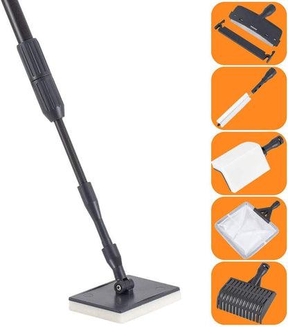 Hygger carbon fiber six in one aquarium cleaning tool kit front view showing telescopic handle and attachments.