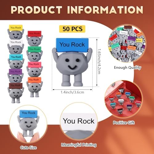 Close up view of a single dark gray rubber rock figurine with a blue motivational hand sign.