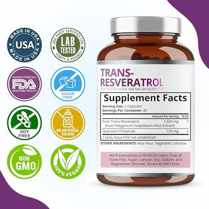 Purity Labs Trans Resveratrol and Quercetin health benefits label