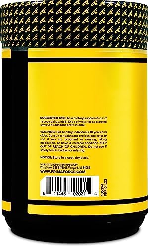 Primaforce L-Glutamine Powder container side profile showing scoop serving size