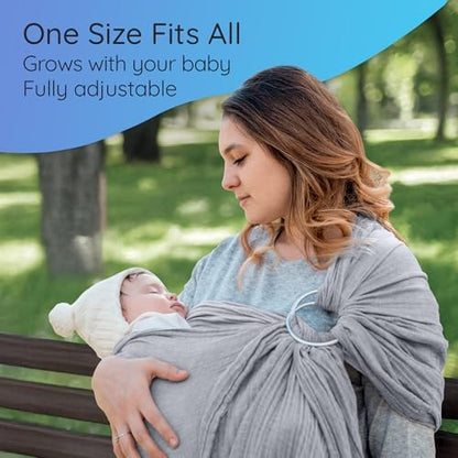 Caregiver demonstrating the hands free usage of the Mebien grey ring sling baby wrap.