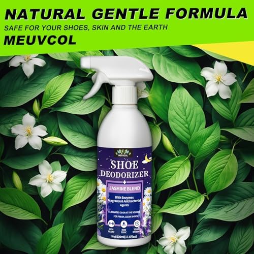 Meuvcol footwear freshener spray being applied directly inside a canvas running sneaker to eliminate bacteria and bad sweat smell