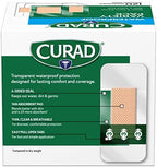 Transparent first aid bandages with highly absorbent tan pads.