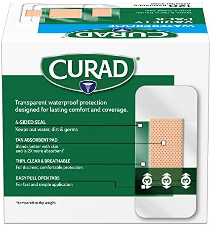 Transparent first aid bandages with highly absorbent tan pads.