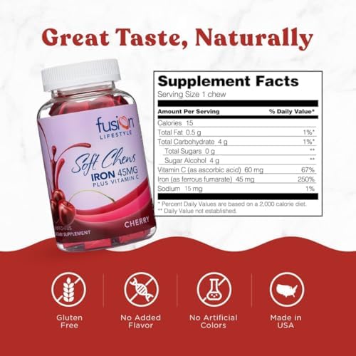 Individually wrapped cherry iron soft chews with Vitamin C spread out