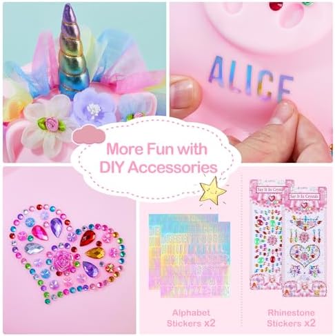 Play Tailor girls piggy bank alongside the matching unicorn necklace and bracelet gift accessories.