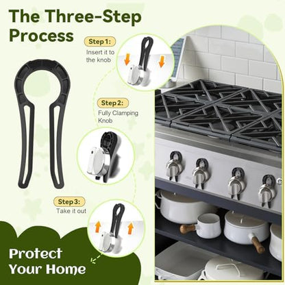 Close up of black gas stove knob safety cover for pets