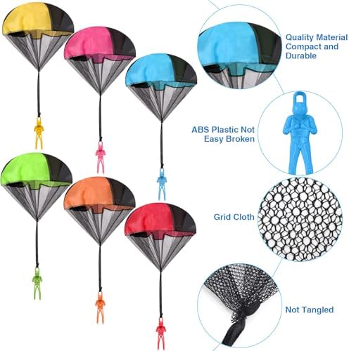 Children throwing colorful multi pack parachute toys in a spacious backyard garden