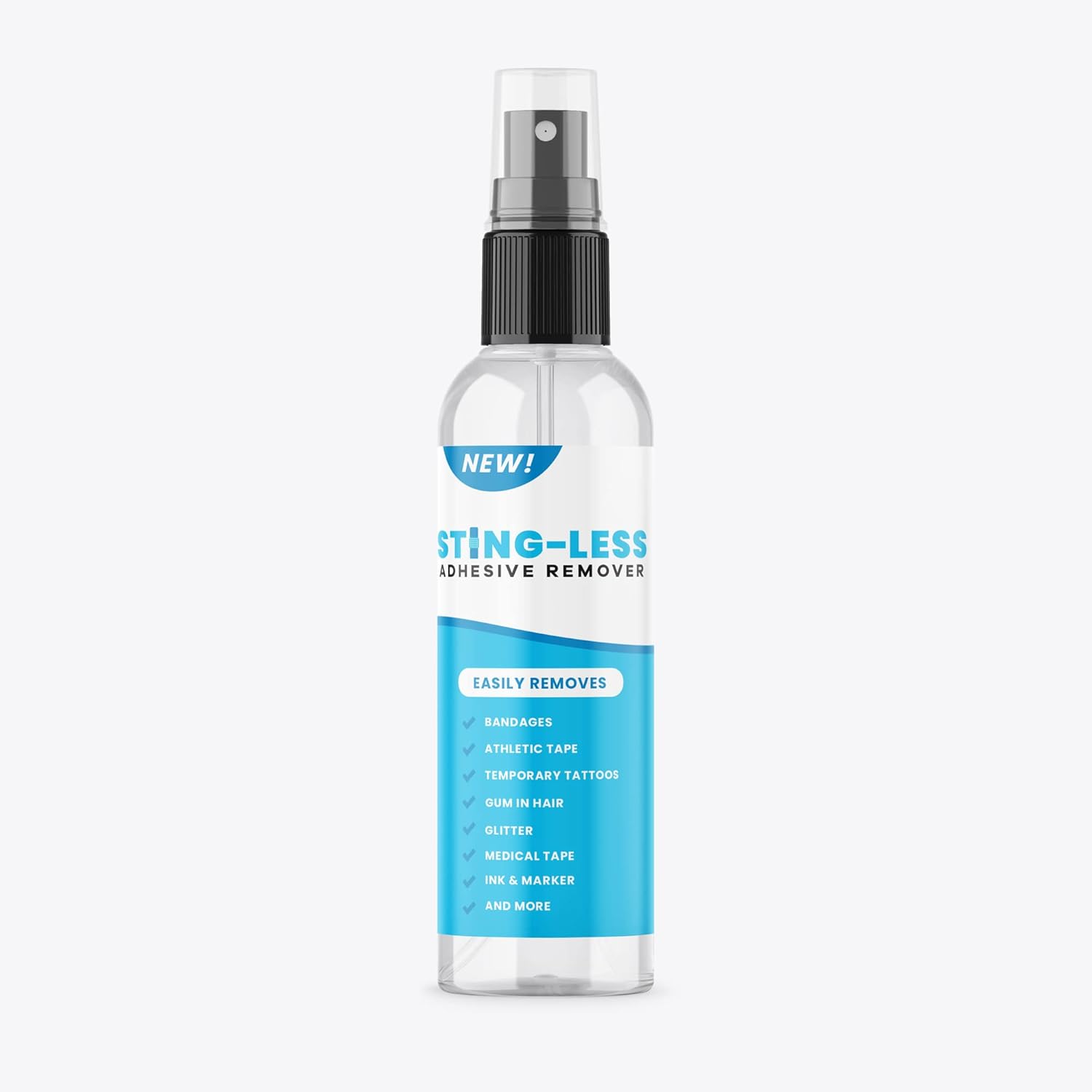 Sting-Less Adhesive Remover 4 Ounce bottle front view for painless bandage removal.