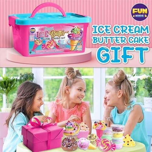 Finished colorful butter slime creations decorated with glitter sprinkles and cute dessert charms.