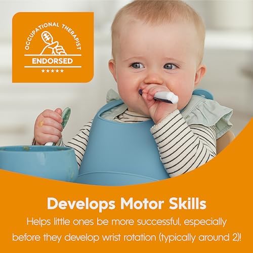 BPA free silicone self feeding toddler utensils for ages six months plus.