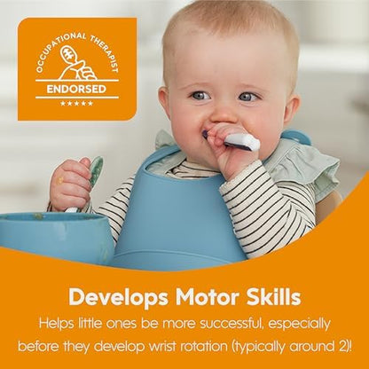 BPA free silicone self feeding toddler utensils for ages six months plus.