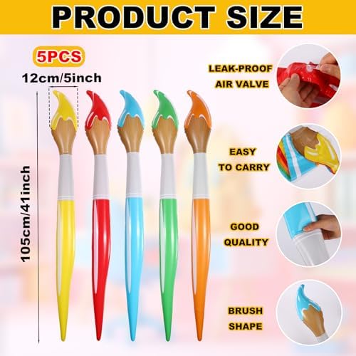 Five pieces of large colorful inflatable paintbrush props displayed together for classroom welcome events.