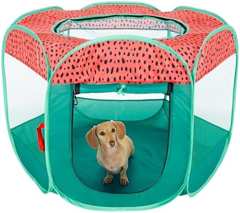 Furhaven Portable Dog Playpen Cat Tent, Pet Playground,Kennel Foldable Indoor Outdoor Zippered Puppy Crate - Green & Pink, Medium - Image 2