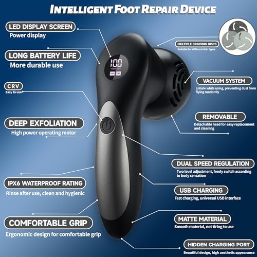 Rechargeable foot file for removing hard cracked skin and dead skin cells.