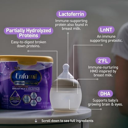 Top view of the Enfamil Optimum Gentlease container showing secure seal and baby formula safety instructions.