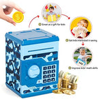 Vcertcpl camouflage blue coin bank being operated by a child feeding a paper note into the automatic bill rolling slot.