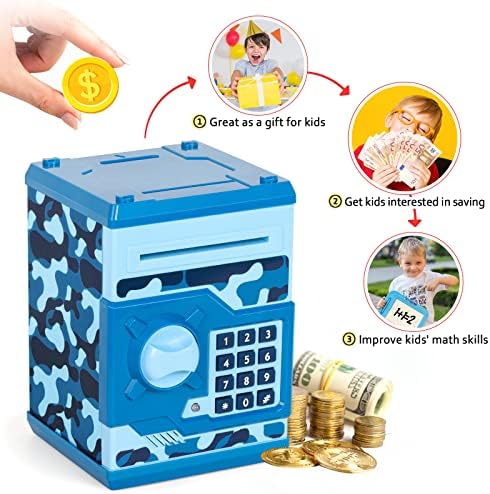 Vcertcpl camouflage blue coin bank being operated by a child feeding a paper note into the automatic bill rolling slot.