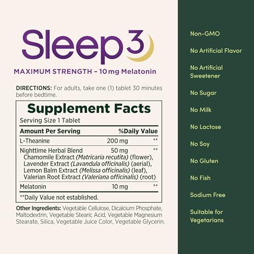 Nature's Bounty Sleep3 60 tablets bottle displayed upright next to its natural botanical ingredients like lavender and chamomile.