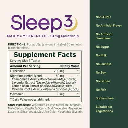 Nature's Bounty Sleep3 60 tablets bottle displayed upright next to its natural botanical ingredients like lavender and chamomile.