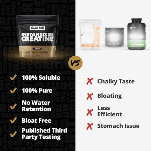 Gains in Bulk 30 servings container shown alongside a fitness setup