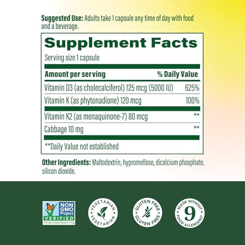 MegaFood Vitamin D3 and K2 immune and bone support supplement label details