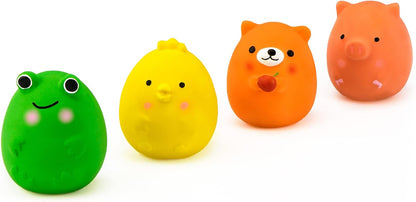 Chiwava 2.4 inch squeaky latex puppy toys being compressed to show soft squeezable texture.