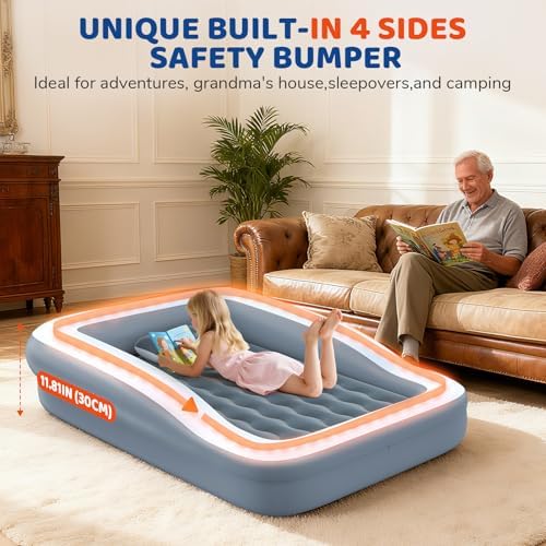 Portable kids air mattress with grey safety bumpers and soft cotton sheet