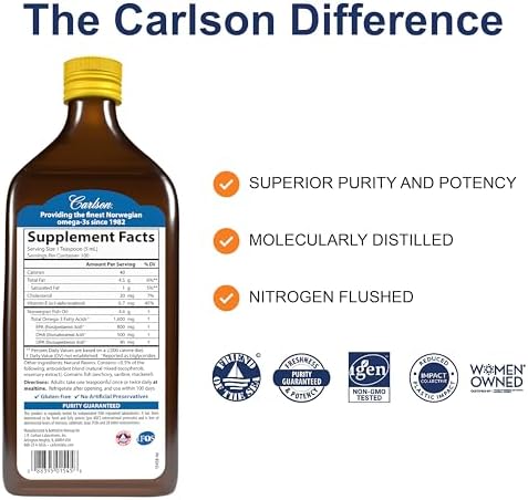 Side angle of Carlson Norwegian fish oil liquid displaying the detailed nutritional supplement facts and ingredient profile.