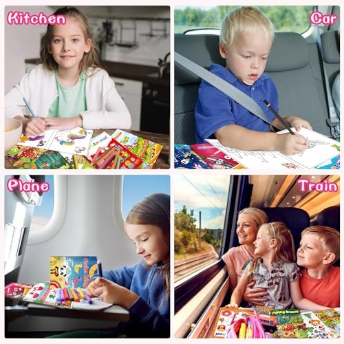 Close up of the animal and vehicle illustrations inside the Kalysky party favor activity booklets.