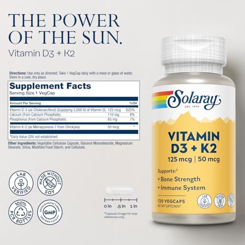 Solaray Vitamin D3 And K2 supplement facts and ingredient label panel