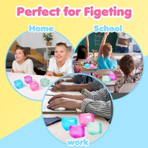 FauKait sensory squishy cubes placed next to office stationery for desk stress relief.