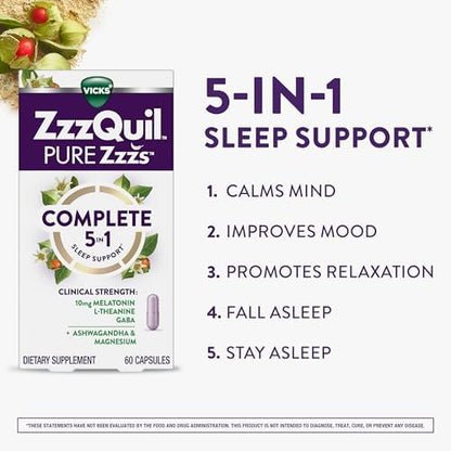 Back view of USA imported ZzzQuil capsule bottle highlighting five in one ingredients list.