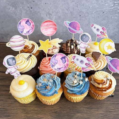 Decorative space planet and rocket toppers for themed party treats