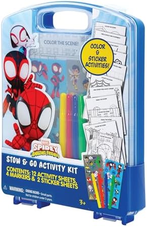 Open blue plastic travel case displaying markers stickers and coloring sheets inside