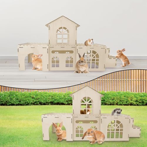 YUEPET Extra Large Wooden Bunny Castle, Ventilated Rabbit Castle Hideaway with Stairs, Detachable Small Animal Hideout & Habitats for Indoor Outdoor Dwarf Rabbits Bunnies to Hide & Play - Image 7