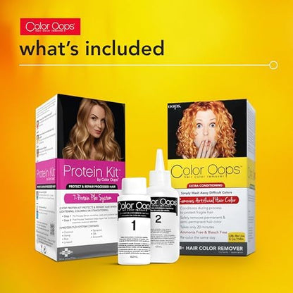 Side view of Color Oops Extra Conditioning kit showing product instructions and bleach free formula highlights.