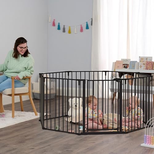 Regalo black metal adjustable baby gate folded flat illustrating its convenient compact storage capabilities.