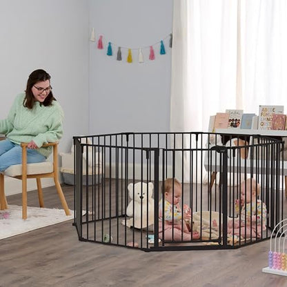 Regalo black metal adjustable baby gate folded flat illustrating its convenient compact storage capabilities.