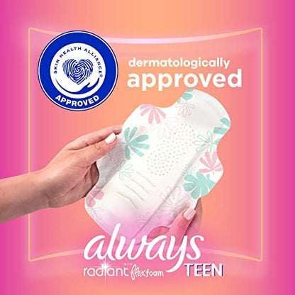 Back view of Always Radiant Teen box detailing 10-hour leak protection.