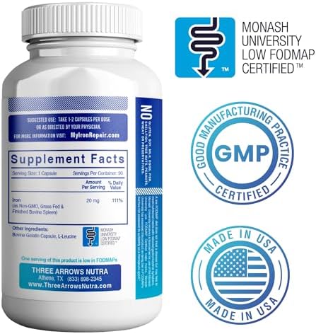 Three Arrows natural iron supplement capsules label showing grass fed bovine spleen ingredients