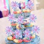 Side view of thirty piece purple cupcake decoration set