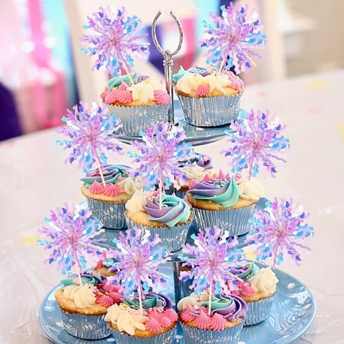 Side view of thirty piece purple cupcake decoration set
