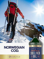 Side profile view of Carlyle Norwegian Cod Liver Oil 16 fluid ounce bottle