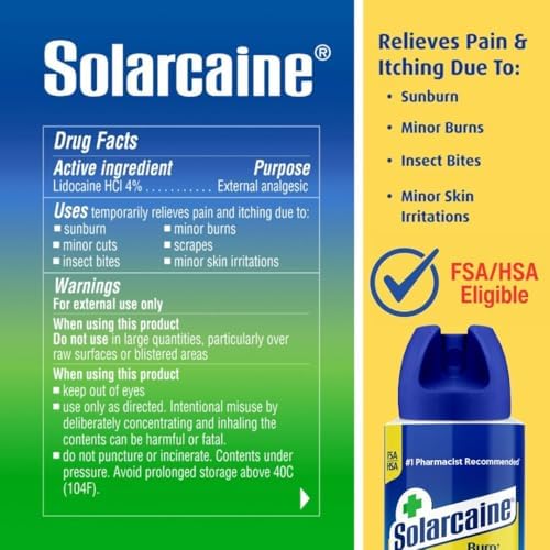 Solarcaine 4 percent lidocaine spray bottle showing 360 degree application nozzle.