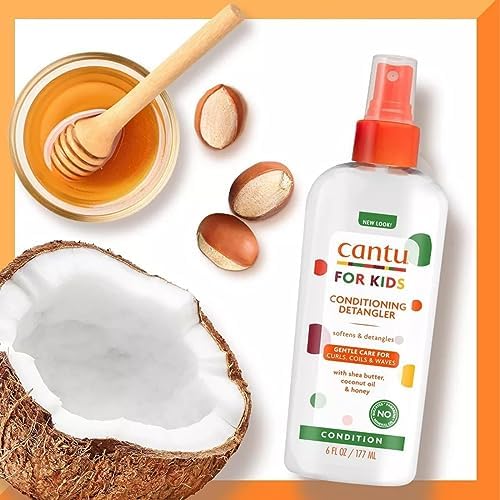 Cantu hair detangler for children displayed with natural curl defining hair products